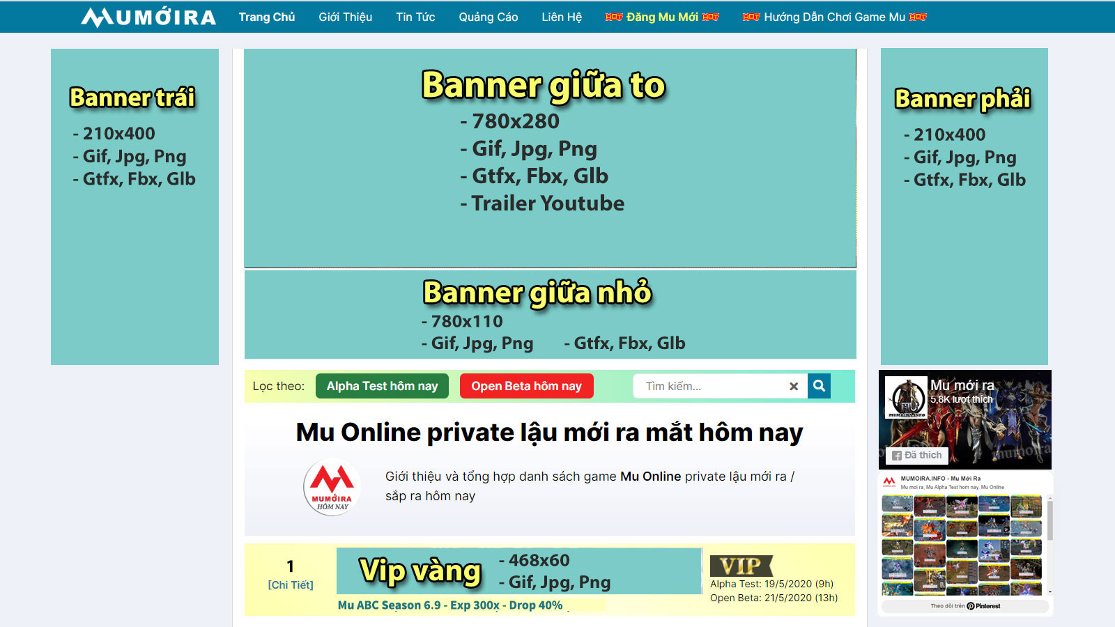 Các vị trí quảng cáo tại website mumoira.info